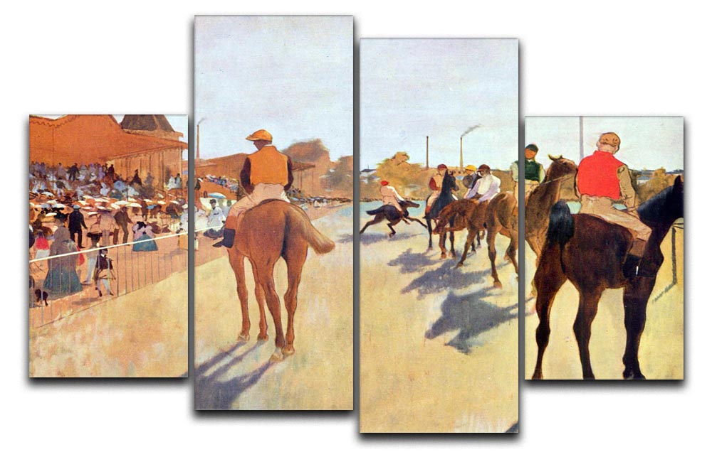 4-split canvas artwork featuring Degas' Jockeys in front of the grandstand, showcasing vibrant colors and dynamic equestrian scene.